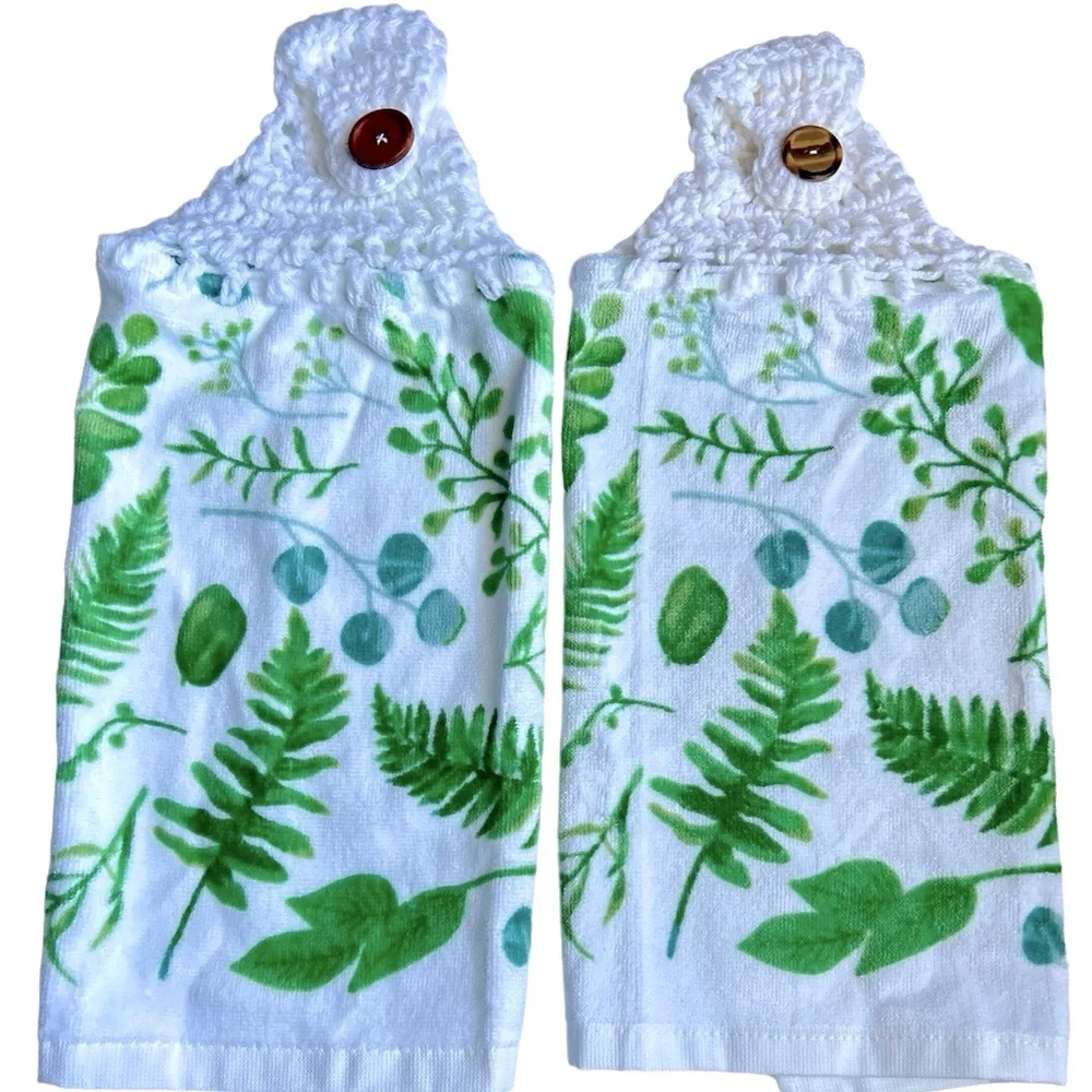 Hand Crafted Colorful Green Ferns Hanging Hand Towels Crochet Top Button Closure